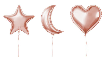 Rose gold heart, moon, star shaped balloons. Generative AI