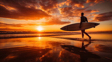 Sunset surfer on a pristine beach. Silhouette with surfboard at the ocean shoreline. 