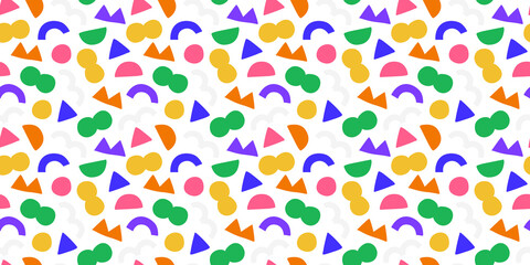 Fototapeta na wymiar Colorful 90s style geometric shape seamless pattern. Trendy flat cartoon illustration background with retro decoration. Nostalgic zig zag lines, triangle element wallpaper, 80s fashion texture print. 