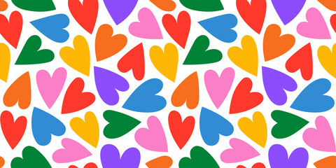 Fototapeta na wymiar Colorful rainbow love heart seamless pattern. Wallpaper illustration with diverse hearts, gay pride background print. Valentine's day holiday backdrop texture, diversity group design. 
