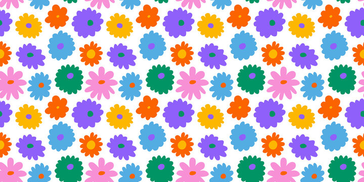 Colorful floral seamless pattern illustration. Vintage flower background art design. Retro pastel color spring artwork, groovy seventies nature backdrop with hippie flowers.