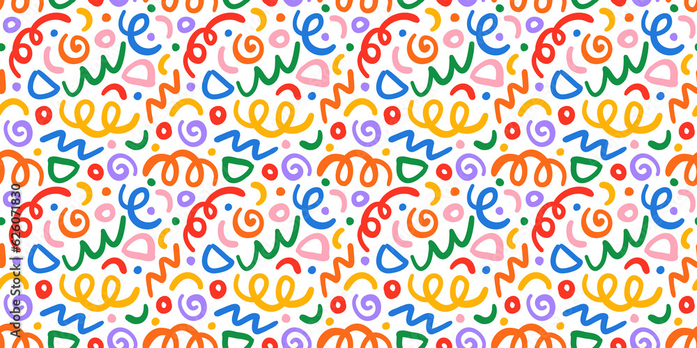 Poster Fun colorful line doodle seamless pattern. Creative minimalist style art background for children or trendy design with basic shapes. Simple party confetti texture, childish scribble shape backdrop.