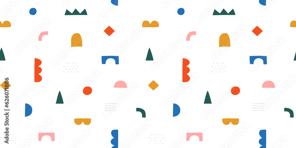 Poster Fun colorful geometric shape seamless pattern. Creative abstract children style art background for kid education or trendy design with playful geometry shapes. Simple childish wallpaper texture.