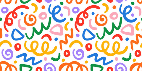 Fun colorful line doodle seamless pattern. Creative minimalist style art background for children or trendy design with basic shapes. Simple party confetti texture, childish scribble shape backdrop.