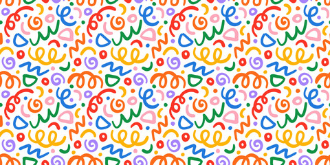 Fototapeta na wymiar Fun colorful line doodle seamless pattern. Creative minimalist style art background for children or trendy design with basic shapes. Simple party confetti texture, childish scribble shape backdrop.