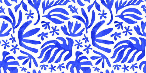 Abstract watercolor flower nature art seamless pattern illustration. Modern hand drawn floral painting, spring acrylic paint drawing background. Blue color flowers wallpaper print.	
