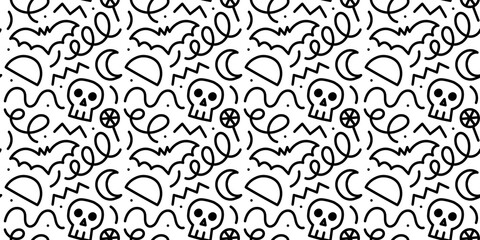 Happy halloween party seamless pattern. Funny cartoon line doodle background illustration of scary autumn celebration decoration in black and white.	
