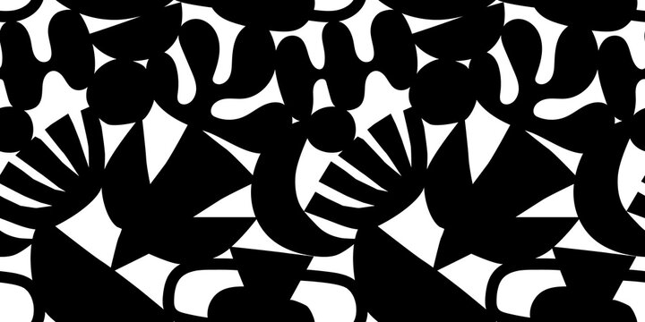 Abstract modern art seamless pattern with black and white doodles. Organic flat cartoon background, simple summer shapes in childish style.