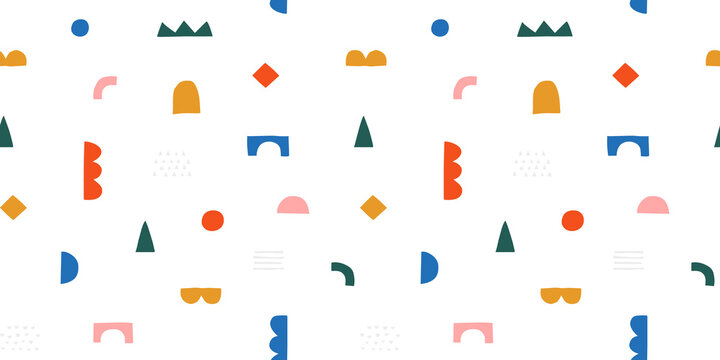 Fun colorful geometric shape seamless pattern. Creative abstract children style art background for kid education or trendy design with playful geometry shapes. Simple childish wallpaper texture.