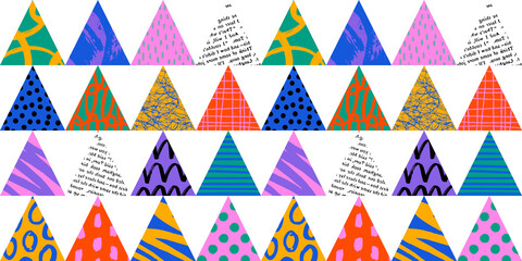 Colorful triangle seamless pattern with collage art texture. Modern contemporary art background, triangles geometric shape hand drawn print, maximalist patchwork paint wallpaper.	
 - obrazy, fototapety, plakaty
