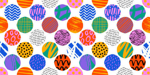 Fototapeta premium Colorful circle polka dot seamless pattern with collage art texture. Modern contemporary art background, round geometric shape hand drawn print, maximalist graffiti paint wallpaper. 