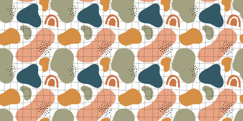 Abstract modern nature art seamless pattern with colorful freehand doodles. Organic flat cartoon background, simple summer shapes in pastel colors. 