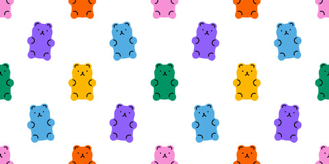 Colorful cute bear cartoon seamless pattern. Retro style candy animal bears wallpaper background. Fun repeat texture print design.