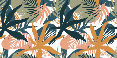 Abstract nature shape seamless pattern with tropical plant leaf and paint doodles in pastel color. Minimalist hand drawn background, wallpaper or fashion print texture.
