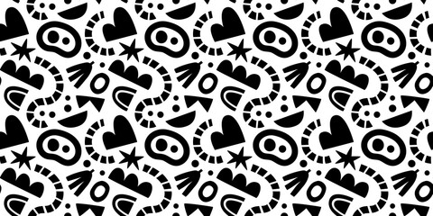 Abstract organic shape seamless pattern with black and white geometric doodles. Flat cartoon background, simple random shapes print texture.