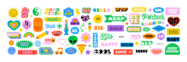 Colorful vintage label shape set. Collection of trendy retro sticker cartoon shapes. Funny comic character art and quote sign patch bundle.	
 - obrazy, fototapety, plakaty