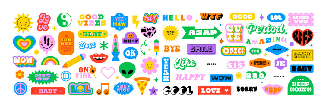 Naklejka Colorful vintage label shape set. Collection of trendy retro sticker cartoon shapes. Funny comic character art and quote sign patch bundle.  