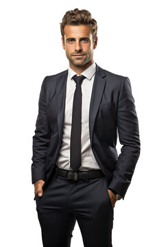 Isolated handsome young man wearing a black suit, standing, looking at the camera and smiling, cutout on transparent background, ready for architectural visualisation.