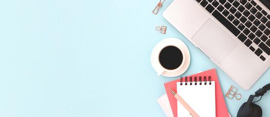 Banner with office supplies, laptop and cup of coffee on a blue background. Online education concept.