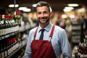 Obraz premium A male supermarket wine seller admiring a collection of wine bottles in a cellar