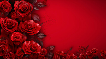 Red roses flower on red background. Copy space. Flower frame. Top view. High quality photo. Generative AI