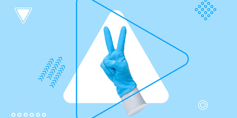 Success, victory concept. Good luck in work, success in scientific experiments. Hand in blue medical glove shows Victory sign. Minimalist art collage
