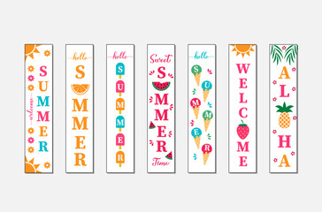 Summer vertical signs set. Welcome home porch sign bundle. Seasonal decorations. Easy to edit vector template.