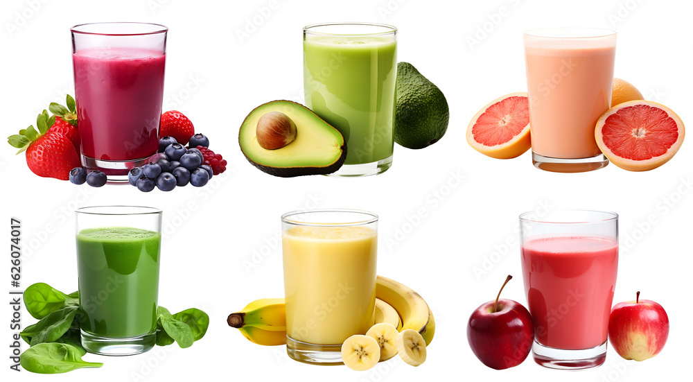Wall mural freshly pressed fruit vegetable juice smoothie with fruits veggie toppings on transparent background - Wall murals