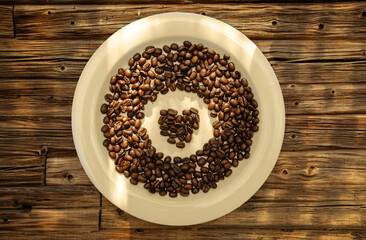 plate on a beautiful rustic floor full of coffee beans in the shape of heart. Background illustration image for cafe shops