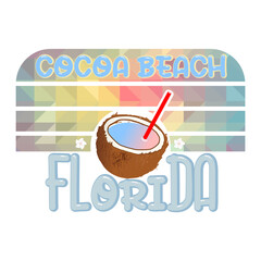 Cocoa Beach Florida Graphic for T-Shirt, prints. Vintage 90s style emblem. Retro summer travel scene, . Surfing Adventure Label