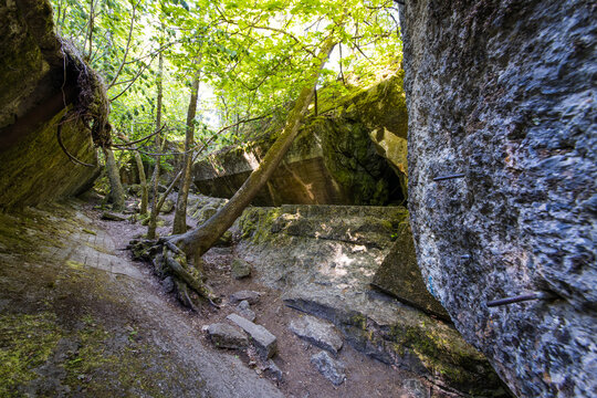 Ketrzyn, Gierloz, Poland - May 31, 2023: Hitler's command bunker in the bunker complex Wolfsschanze in a forest in Poland