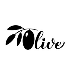 Olive calligraphy hand lettering with branch.  Vector template for typography poster, label, banner, flyer, etc