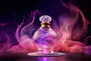Obraz na płótnie Canvas Luxury glass perfume bottle with smoke wave background in pink purple theme. Perfume with floral aroma burst. Pink bottle of perfume. Generative AI
