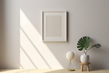 Photo of a white picture frame and potted plant on a wall