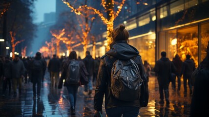 woman in the foreground in a crowded city with many people, walking at night outside different shops