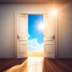 Double open doors with summer scene background and sunlight