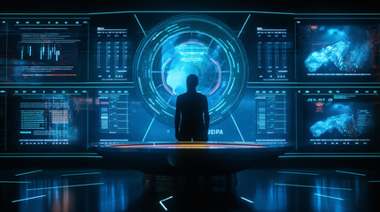 cyber security, futuristic digital holographic cyber defender at work, generative ai