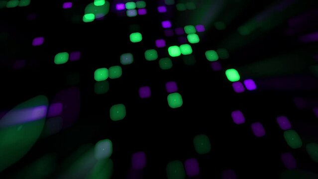 4K abstract mosaic digital cubic particle beams with glowing lights. Green and purple pixelated flowing cubes. Fiber optic cubes with lens blur effect stock video.