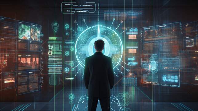cyber security, futuristic digital holographic cyber defender at work, generative ai