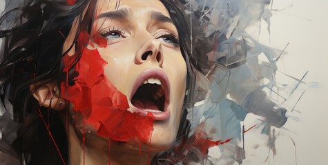 Feminist woman restricted by blood red banner. Concept on the topic of freedom of speech, censorship, freedom of press. International Human Right day. Created with generative ai © Wizzi
