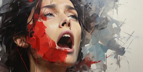 Feminist woman restricted by blood red banner. Concept on the topic of freedom of speech, censorship, freedom of press. International Human Right day. Created with generative ai © Wizzi