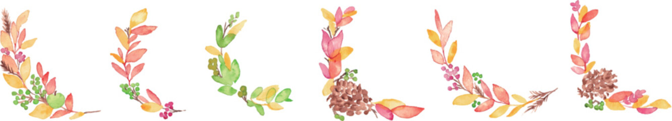 水彩画。水彩タッチで描いたカラフルな秋の紅葉イラスト。紅葉した葉っぱの背景。植物フレーム。Watercolor painting. Colorful autumn leaves illustration with watercolor touch. Autumn leaves background. Plant frame.