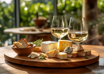 Food photography of assorted cheese appetizers on a wooden plate and glass of white wine