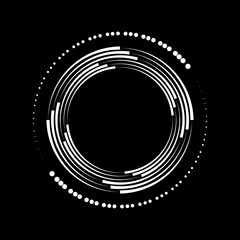 White halftone dots and stripes in spiral form. Geometric art. Vector illustration. Design element for border frame, round logo, tattoo, sign, symbol, badge, social media, prints, template, flyer
