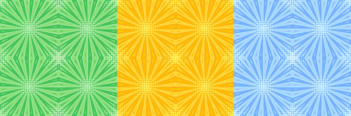 Set of seamless pop art patterns with rays, beams, stripes from center. Vintage cartoon retro background. Good for groovy, retro, pop art, comic style.