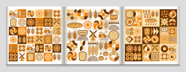 Bread, bakery themed backgrounds with icons, design elements in simple geometric style Seamless patterns with abstract shapes Good for branding, decoration of food package, decorative print