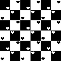 Black and White Checkerboard Seamless Repeat Pattern with Hearts