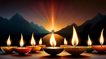 Burning diya oil lamps and mountains in the background - 626078657