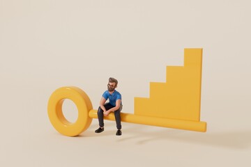 Business person sitting on a key to success. 3D Rendering