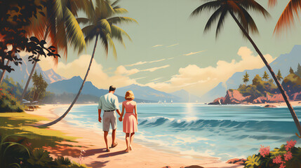 A vintage travel poster for a tropical island getaway, generative AI